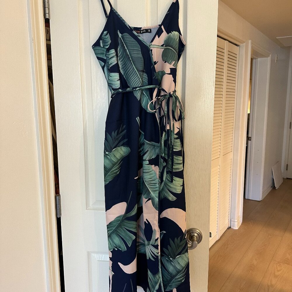 alive girl palm leaf wrap jumpsuit - size 8 (S/M)
